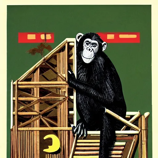 Prompt: A chimpanzee constructing a house, 1960s poster style