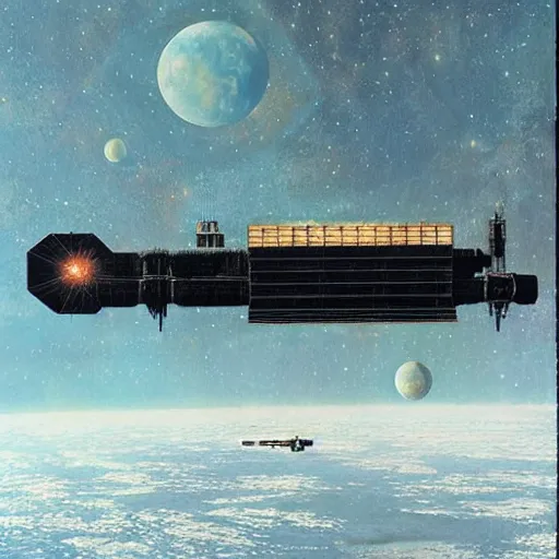 Prompt: distant view of abandoned beautiful space station floating in empty space, peter elson, terran trade authority