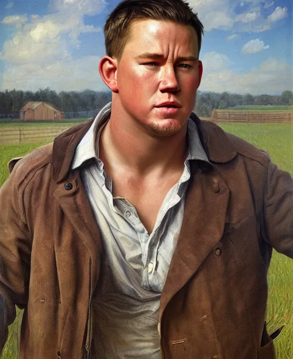 Image similar to portrait of channing tatum as an mississippi farm boy, art by denys tsiperko and bogdan rezunenko and george caleb bingham, hyperrealism