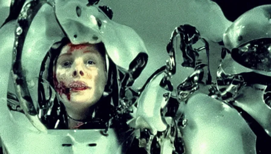 Prompt: Big budget horror movie, a squid bloodily rips off a cyborgs head