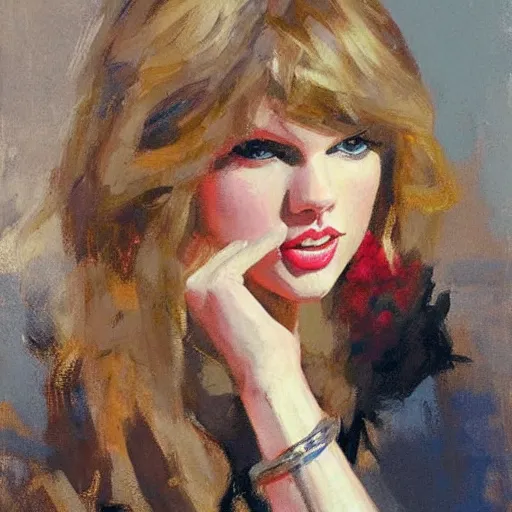 Image similar to romantic painted portrait of taylor swift by gregory manchess, james gurney, jeffrey catherine jones