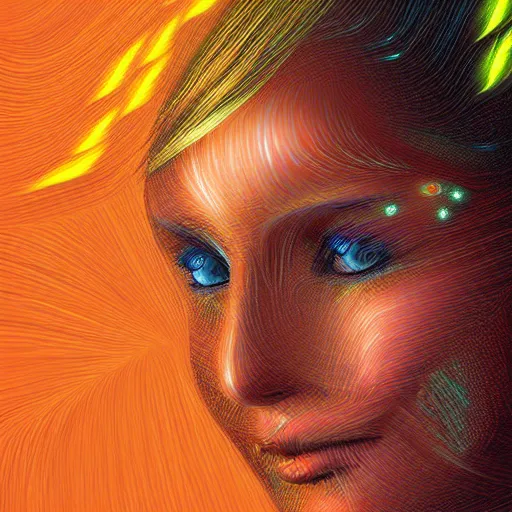 Image similar to A detailed female face made of electricity, digital art
