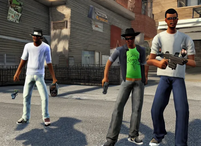 Image similar to Michael Jackson and Carl Johnson armed in Groove Street