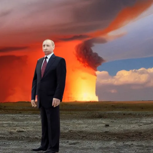 Image similar to putin standing next to nuclear explosion