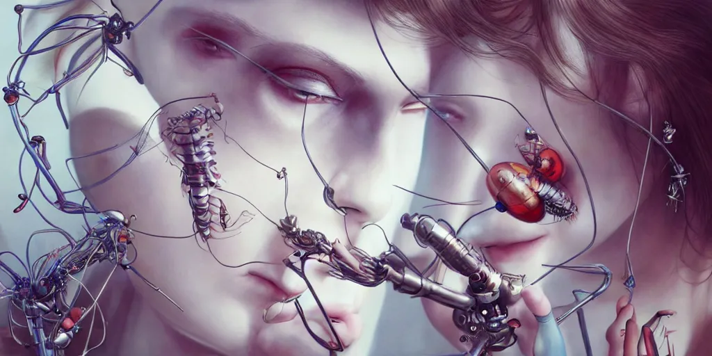 Image similar to hyperrealistic photography of a gorgeous female scientist constructing an insect - making machine in the style of jin kagetsu, james jean, chris cunningham, hans bellmer and wlop, highly detailed, face symmetry, masterpiece, award - winning, sharp focus, intricate concept art, ambient lighting, 8 k, artstation