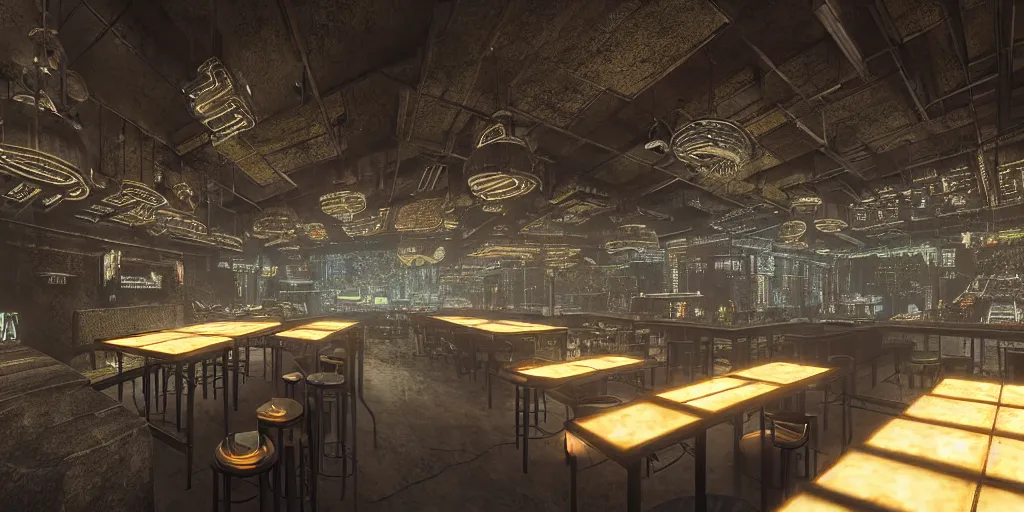 Prompt: Highly detailed realistic photo interior design in style of blend contemporary aesthetics by JAMIE BUSH and Josan Gonzalez of detailed cyberpunk tavern with stone walls, transperient roof and neon lights, a lot of electronics and people, many details by Hiromasa Ogura. a lot of Natural white sunlight from the transperient roof. Rendered in VRAY