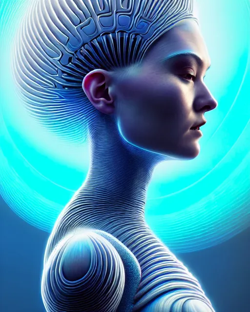 Prompt: ultra detailed, beautiful female android with human hair, side portrait, sharp focus, highly detailed vfx portrait, fractal, mandelbulb, geometric shapes, global illumination, by moebius!! and james jean and artgerm and liam brazier and victo ngai and tristan eaton. detailed, vector art, digital illustration, concept art. 8 k, hdr