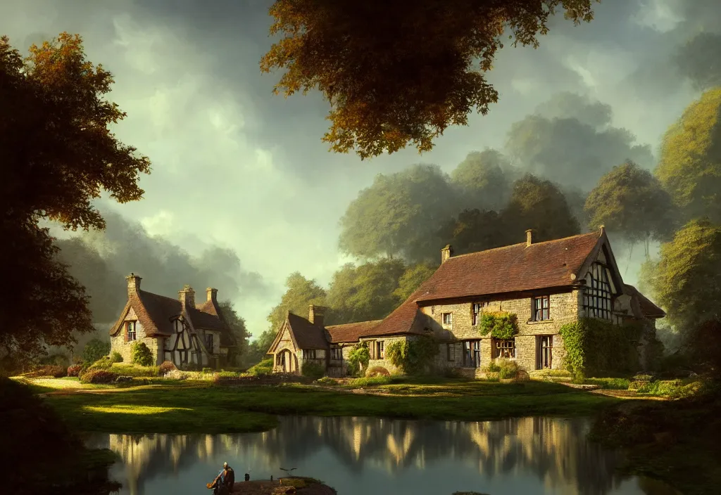 Prompt: a small tudor country house on a hillside with a pond, cinematic view, blue sky, detailed, concept art, high angle, high detail, warm lighting, volumetric, godrays, vivid, trending on artstation, by jordan grimmer, art greg rutkowski