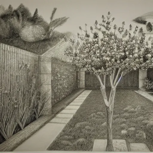 Prompt: ultrarealistic pencil drawing by Isabel Quintanilla of a backyard garden with a quince tree in Madrid, 1984