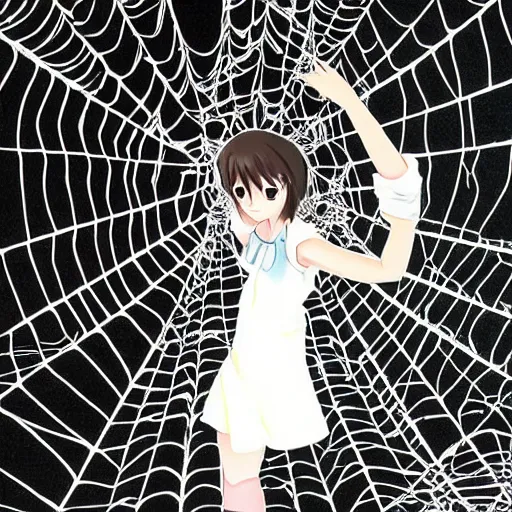 Prompt: anime emma watson hanging from and trapped in a giant spider web