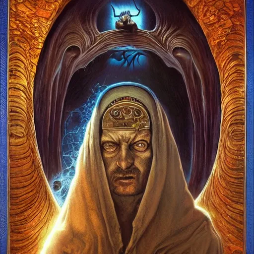 Image similar to The portal master tarot card by Tomasz Alen Kopera and Moebius and salvador dali, impressive perspective, masterpiece