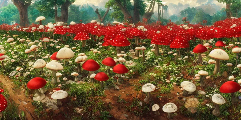 Image similar to landscape, Mushroom Kingdom, Super Mario Theme, hundreds of red and white spotted mushrooms, by Stanley Artgerm Lau , greg rutkowski, thomas kindkade, alphonse mucha, loish, norman Rockwell