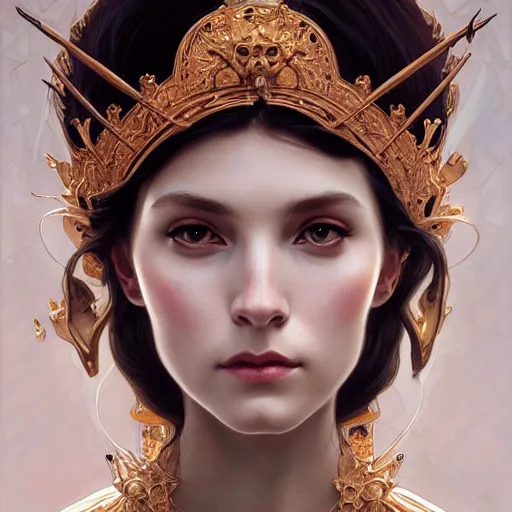 Image similar to a portrait of the bone queen, intricate, elegant, highly detailed, digital painting, crown of skulls, artstation, concept art, smooth, sharp focus, illustration, art by artgerm and greg rutkowski and alphonse mucha and william - adolphe bouguereau