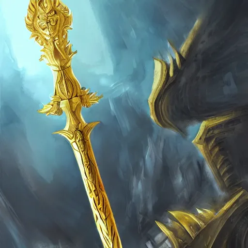 Prompt: an artwork of a giant golden sword, a broad blade sword weapon, epic fantasy style, fantasy epic digital art