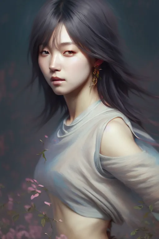 Image similar to beautiful digital painting of hoyeon jung gray background with high detail, 8 k, stunning detail, works by artgerm, greg rutkowski and alphonse mucha, unreal engine 5, 4 k uhd