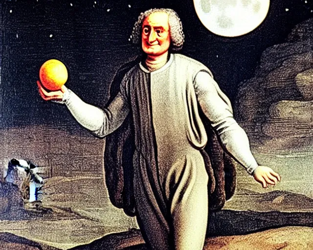 Image similar to isaac newton holding an apple in his hands and looking at the moon