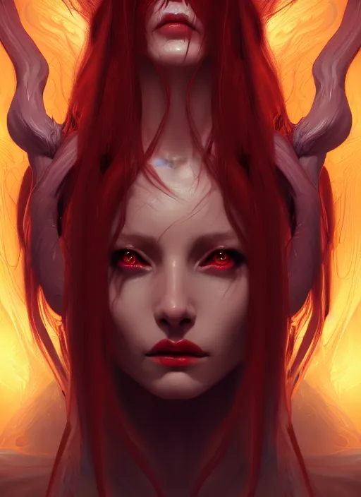 Prompt: ! dream 3 / 4 view of a portrait of lilith from diablo, evangelion, au naturel, hyper detailed, digital art, trending in artstation, cinematic lighting, studio quality, smooth render, frostbite 3 engine rendered, art style by klimt and nixeu and ian sprigger and wlop and krenz cushart
