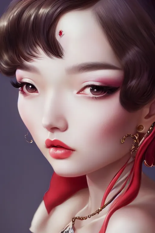 Prompt: a pin up and beautiful fashion and charming and dreamlke asian girl, lv jewelry, art by artgerm & jeehyung lee & wlop, hyperdetailed, 8 k realistic, symmetrical, frostbite 3 engine, cryengine, dof, trending on artstation, digital art, lv, dior