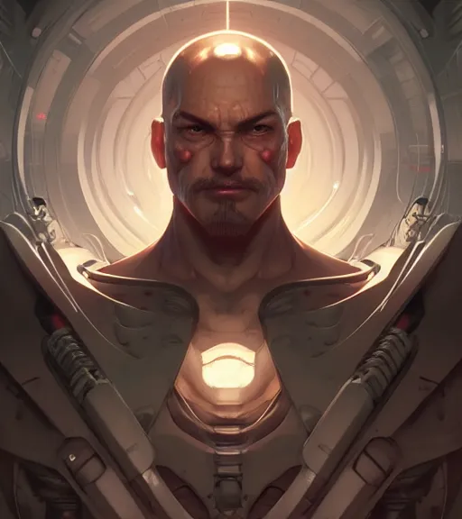 Prompt: symmetry ( badass ) fat cyborg man with ultra detailed, intricate, anime, dynamic lighting, digital art, digital painting, art station, wlop, sharp focus, illustration, art by artgerm and greg rutkowski and alphonse mucha