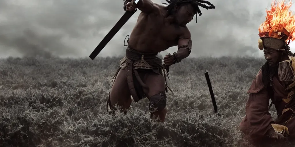 Image similar to a film still of a black man starring in a japanese blockbuster film as samurai on fire, shallow depth of field, cinematic, award winning cgi, vfx, film still