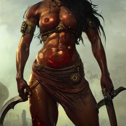 Prompt: wide painting of dark muscular oiled bengoli woman, bloody, carrying a sword, symmetric, ultra realistic, concept art, intricate details, eerie, highly detailed, photorealistic, octane render, 8 k, unreal engine. art by artgerm and greg rutkowski and alphonse mucha