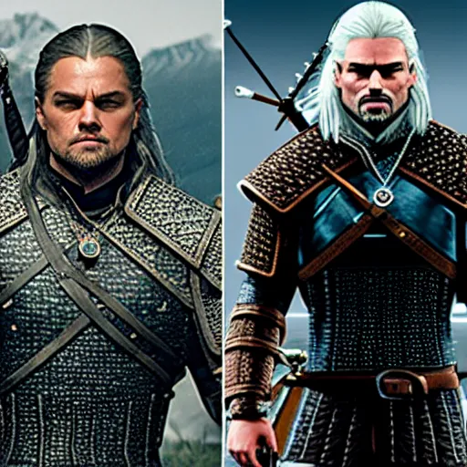 Prompt: Leonardo Dicaprio dreesed as Geralt of Rivia\'s armor in Witcher