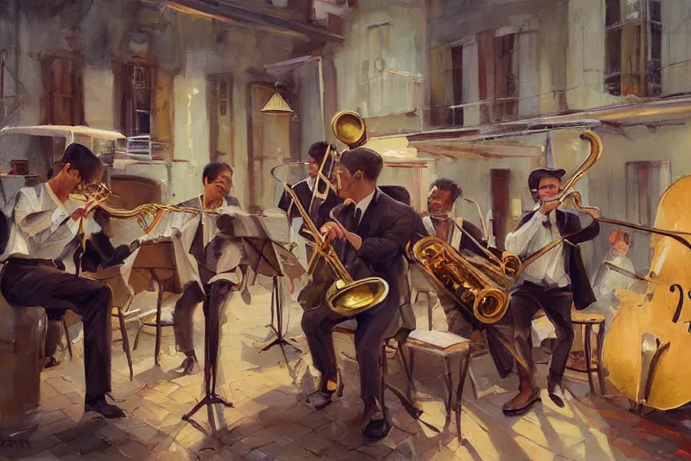Image similar to a painting of a group of men playing instruments, a jazz band in new orleans, by rossdraws, wlop, greg rutkowski, ghibli