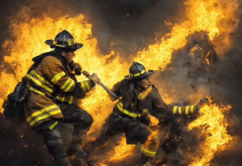 Image similar to one heroic firefighter in action in black and yellow uniform, fire flames, sharp details, sharp focus, realistic, highly detailed, illustration, by yerbol bulentayev and murat gul and pablo olivera and greg rutkowski, bloom, dramatic lighting