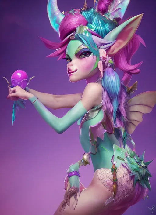 Image similar to fairy neeko, from league of legends, au naturel, hyper detailed, dragon tailed, digital art, trending in artstation, cinematic lighting, studio quality, smooth render, unreal engine 5 rendered, octane rendered, art style by klimt and nixeu and ian sprigger and wlop and krenz cushart