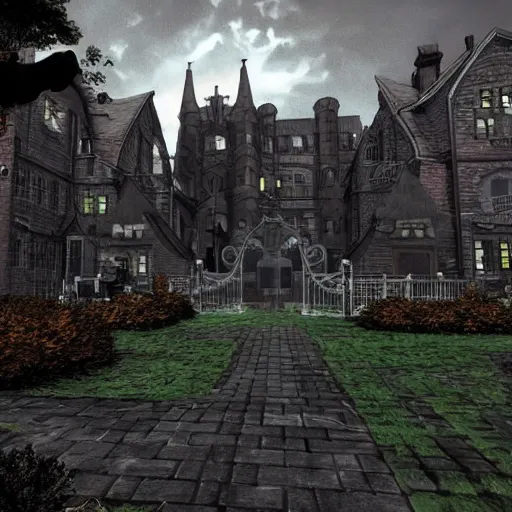 Prompt: photo - relistic view of arkham asylum front yard