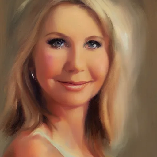 Image similar to closeup portrait of olivia newton john in the music video hopelessly devoted to you, evening, highly detailed oil painting, vladimir volegov, artstation