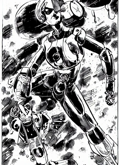 Image similar to dynamic comic panel of a beautiful riot grrl female superhero in short shorts fighting a chrome robot by cory walker and ryan ottley and jack kirby and barry windsor - smith and norman rockwel and frank frazetta, concept art, smooth, sharp focus, comic, illustration, photo real