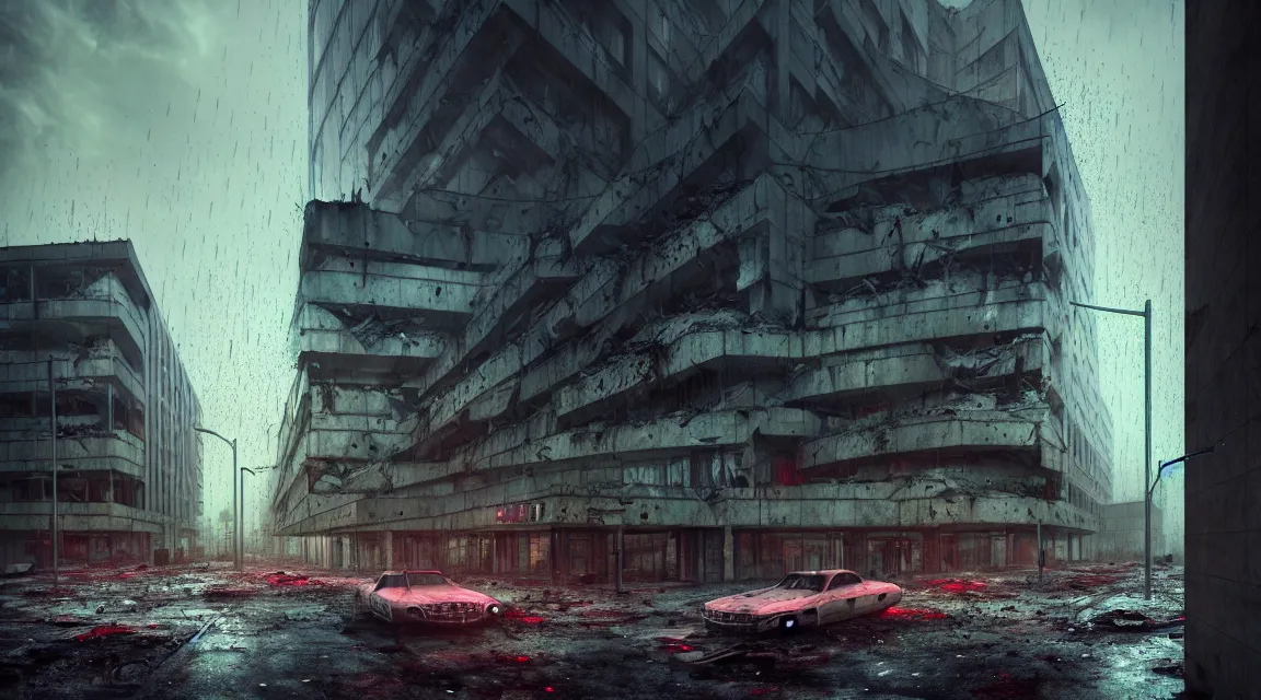 Image similar to post apocalyptic city building, raining, building, avenue, modern contemporary urban americana concrete architecture, by pascal blanche, neil blevins, apocalyptic color palette, trending on artstation, photorealistic, neon ambiance, ultra detailed, high definition, depth of field, bokeh, rubble, wild vegetation, blood stains, building crumbling, post - apocalyptic warriors