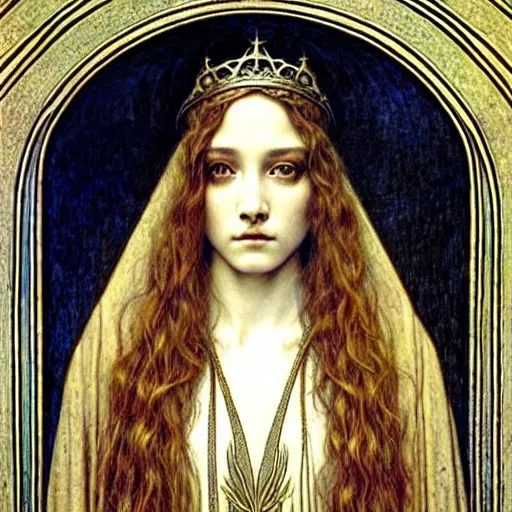 Image similar to detailed realistic beautiful young medieval queen face portrait by jean delville, gustave dore and marco mazzoni, art nouveau, symbolist, visionary, gothic, pre - raphaelite. horizontal symmetry