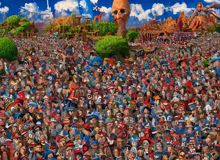 Image similar to where's waldo, lowbrow, matte painting, 3 - d highly detailed, in the style of kenny schaffer,