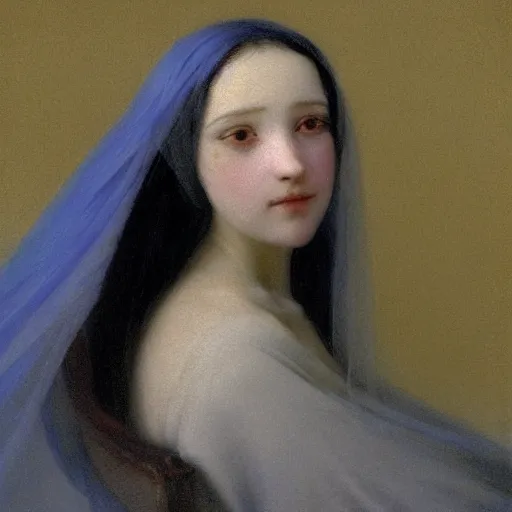 Prompt: a young woman’s face, her hair is white, her eyes are covered with a long flowing blue satin veil, by ivan aivazovsky and and paul delaroche and alma tadema and and willen claesz heda and aelbert cuyp and gerard ter borch, hyperrealistic, rendered in octane