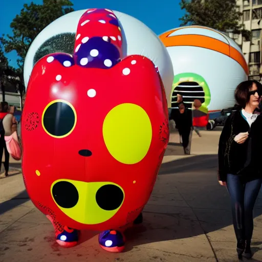 Image similar to daft, ridiculous, joyous, yayoi kusama being chased by a giant ballon dog, nendroid, during golden hour. extremely silly in style of butcher billy.