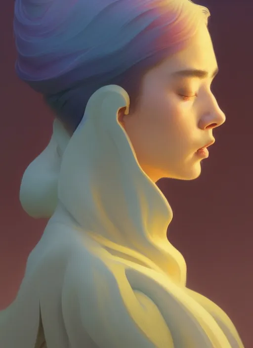 Image similar to side profile portrait by hsiao ron cheng and christophe vacher with imogen poots as gloomhaven paladin, pastel colors 5 4 k rtx volumetric light concept studio matte painting digital illustration fanart artstation by rob rey, artgerm, lawren harris, thomas blackshear, magali villeneuve, jeremy lipkin, eve ventrue