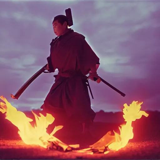 Image similar to cinematic film still NLE Choppa starring as a Samurai holding fire, Japanese CGI, VFX, 2003, 400mm lens, f1.8, shallow depth of field, film photography