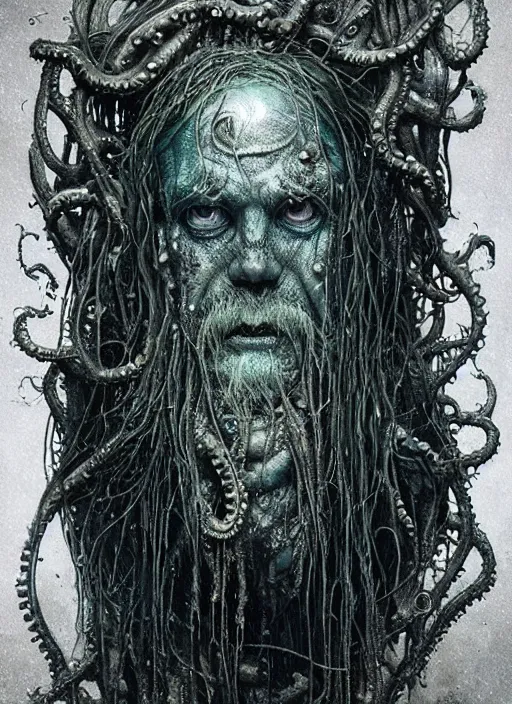 Image similar to portrait of a old lovecraftian underwater fish man hybrid with long wet tattered tangles of thinning black hair, eerie glowing eyes, wall hanging trophy taxidermy, hyper realistic head, fantasy art, in the style of greg rutkowski, zdizslaw beksinski, intricate, alphonse mucha, hyper detailed, smooth