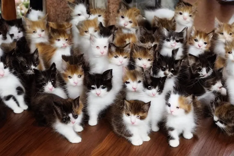 Image similar to a living room full of cute kittens that are all facing the camera