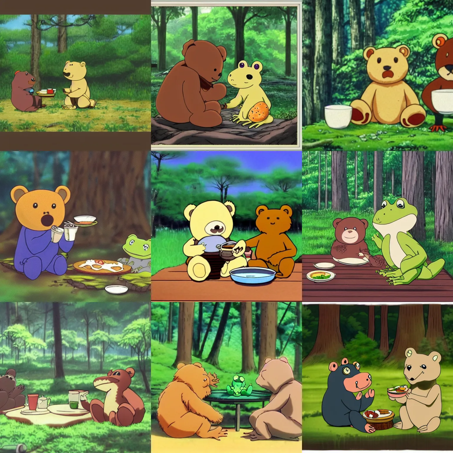 Prompt: a teddy bear and a frog having breakfast in the forest, frame from an anime, cinematic