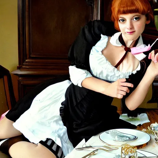 Image similar to ladies versus butlers! french maid laying on dining room table, innocent face, cute pose