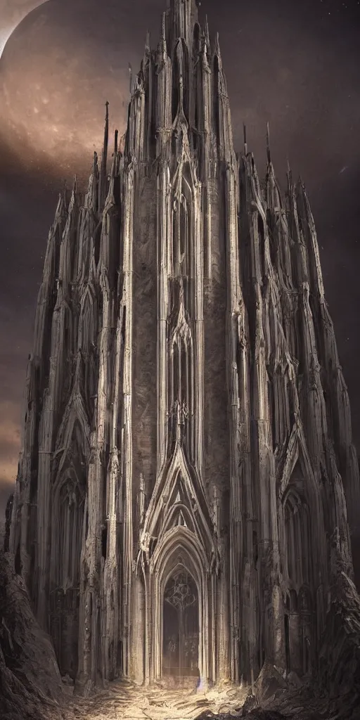Prompt: detailed matte painting of the tall gothic cathedral made of regolith on the surface of the moon, dramatic lighting, demonic undertones, warm light, detailed concept art, hyperrealistic, beautiful architecture, low angle looking up