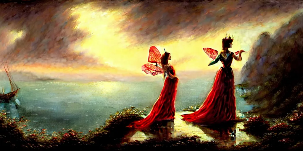 Image similar to an elegant fairy queen in a red lace dress dancing looking out at a lord of the rings scenery landscape, staring across the sea at a sail boat, sunrise, god's rays highly detailed, vivid colour, soft clouds, floral sunset, cinematic lighting, perfect composition, gustave dore, derek zabrocki, greg rutkowski, belsinski