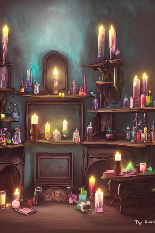 Prompt: a matte painting gothic counter parlor with bottles of potions and flickering candles colorful by, tyler edlin