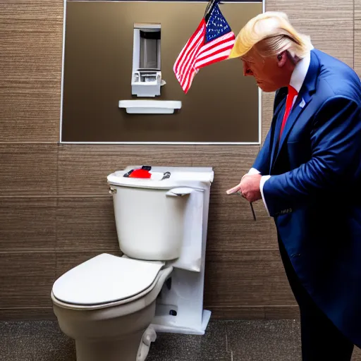 Image similar to Donald Trump flushing a voting machine down the toilet, Canon EOS R3, f/1.4, ISO 200, 1/160s, 8K, RAW, unedited, symmetrical balance, in-frame