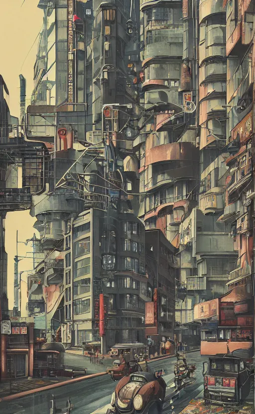 Prompt: a tall man standing next to a huge car in a street, tokyo city in the background, people walking in the distance, reflections on wet streets, dieselpunk style, steampunk, architecture by francois schuiten, beautiful illustration, painting, clean lines, digital art, symmetric, colorful retro futurism, artstation, plein air, game art, isometric