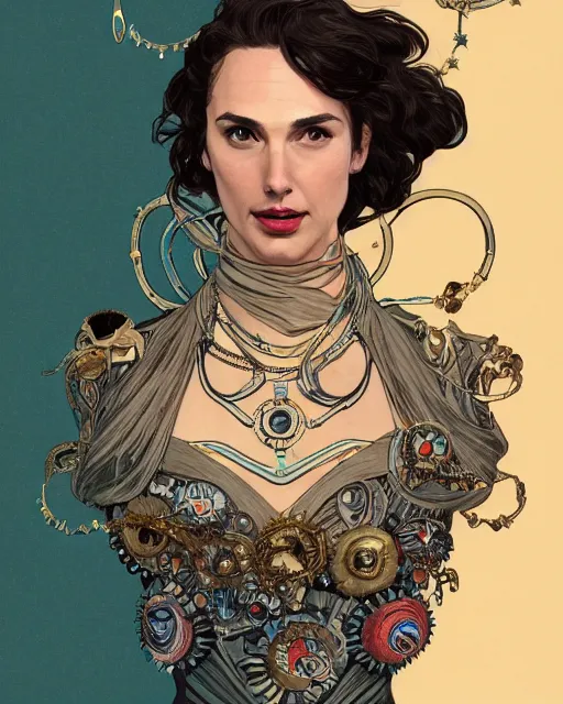Prompt: a portrait of a gal gadot with sharp monster teeth wearing necklaces of moons and stars, draped in transparent cloth, flat colors, occult, minimal, swirly, bust by alphonse mucha, decorative art nouveau border, astrophotography, scary detailed book illustration, trending on artstation