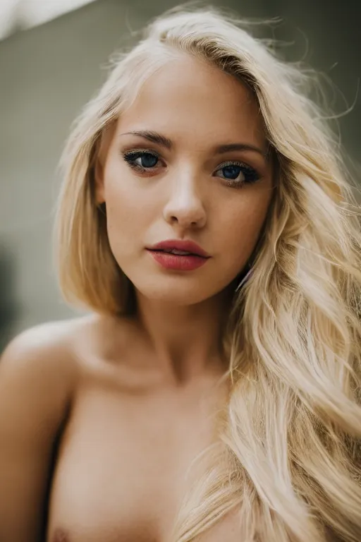 Prompt: a portrait of a sexy blonde young woman, highly detailed, glamour and intimate, fujifilm 5 6 mm f 1. 2
